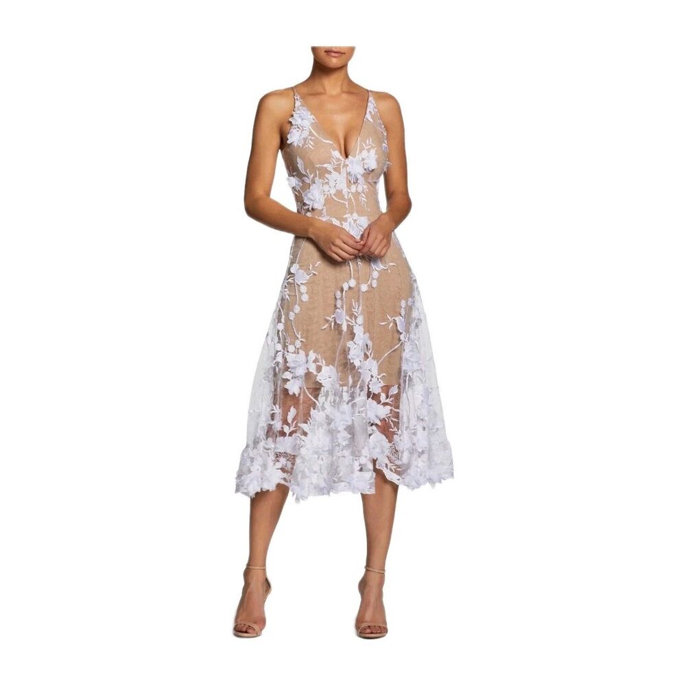 Dress The Population Audrey Fit & Flare Sheer Lace Floral Appliqué Midi Dress S